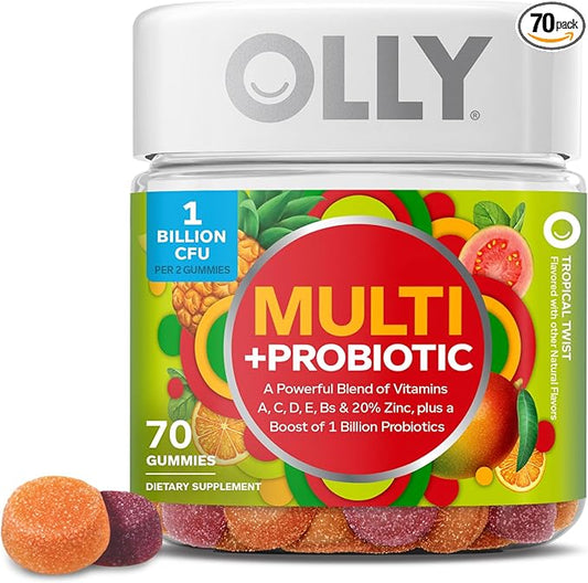 OLLY Multi + Probiotic Adult Multivitamin Gummy, 1 Billion CFUs, Digestive and Immune Support Chewable Supplement, Tropical Twist, 35 Day Supply - 70 Count