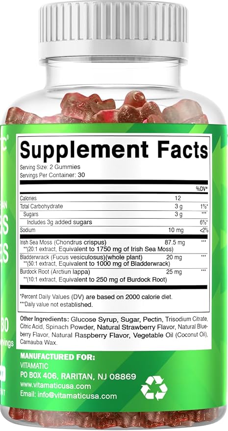 Vitamatic Irish Sea Moss Gummies – 3000mg Equivalent Per Serving (from Extract 132.5mg) – 60 Ct Made with Bladderwrack & Burdock Root – Seamoss Supplement for Thyroid, Energy & Immune Support