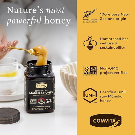 Comvita Manuka Honey UMF 10+ (MGO 263+) - Raw Manuka Honey New Zealand, Pure & Unpasteurized, Superfood for Immune Health, Use in Tea, Wild, Monofloral, Non-GMO - 500g (17.6 oz)