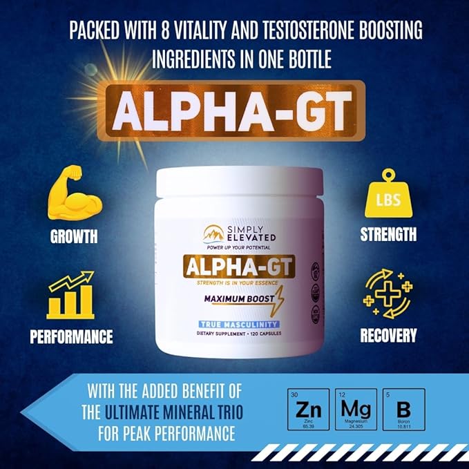 Simply Elevated Alpha-GT Natural Test Booster Supplement, Fuel Your Ambition with This Anabolic 14-1 Supplement w Ashwagandaha, Tongkat Ali, Tribulus Terrestris, Unlock Your True Masculinity.