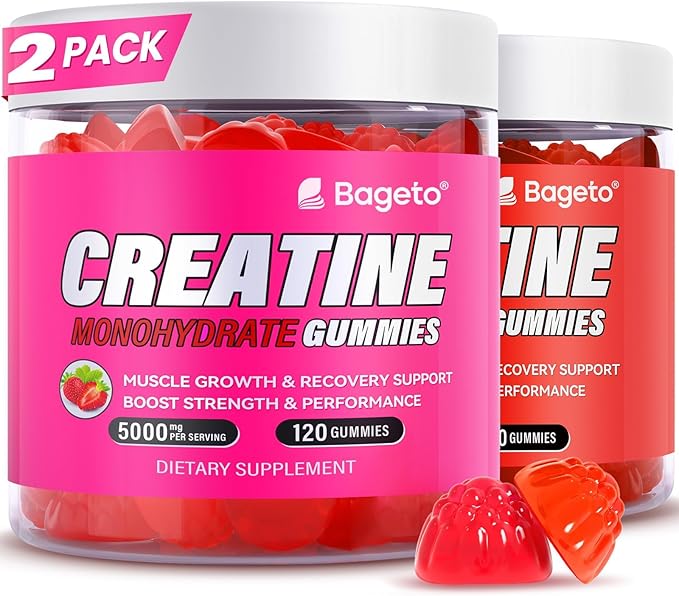 Creatine Monohydrate Gummies 5g for Men Women,Sugar Free Chewables Creatine Pre-Workout for Muscle Strength, Strawberry and Watermelon Flavor, 120 Count