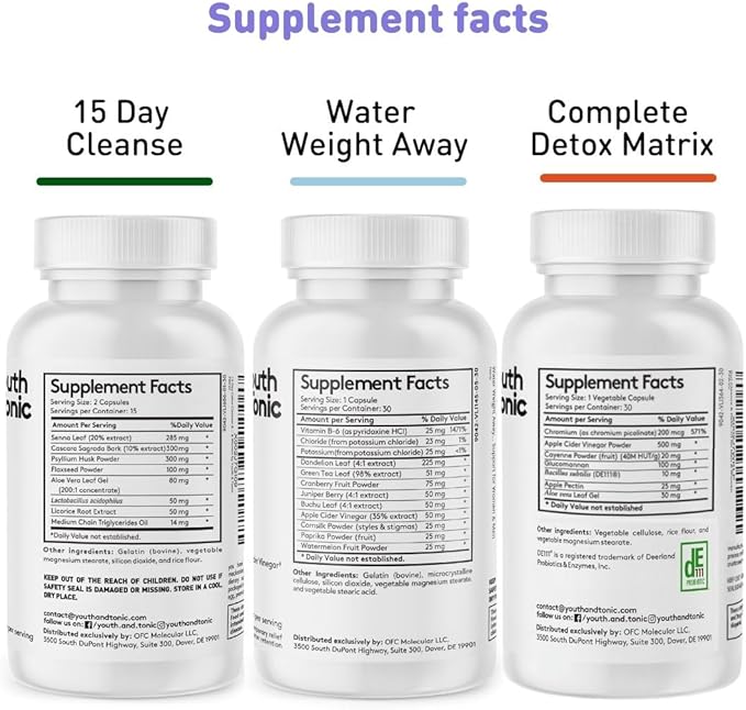 3pk Detox Cleanse Kick Off Weight Management | Colon Cleanser + Water Loss Pills w Dandelion + ACV Full Body Detox + Probiotics | for Flat Stomach, Waistline, Metabolism, Bloating – 90 Pills
