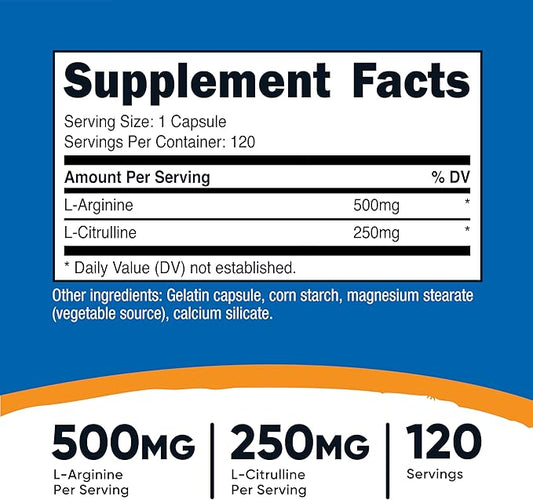 Nutricost L-Arginine L-Citrulline Complex 750mg, 120 Capsules - Non-GMO