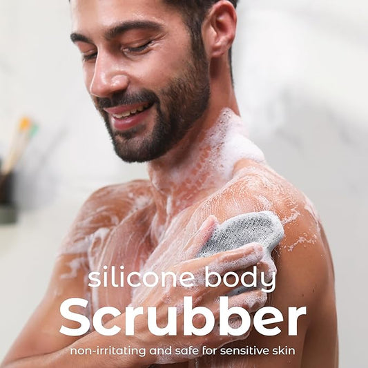 MainBasics Silicone Body Scrubber – Dual-Sided Shower Scrubber with Massage Nodes, Silicone Loofah Alternative for Deep Clean (Black, Massage)