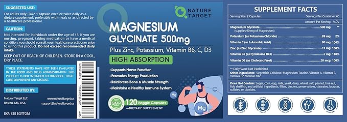 NATURE TARGET Magnesium Glycinate 500mg, Chelated Magnesium with Zinc & Vitamin D3 for Muscle, Nerve & Bone, Support Heart Health & Leg Cramp, Strength Immune System - 120 Capsules