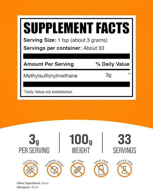 BulkSupplements.com MSM Powder - Methylsulfonylmethane, MSM Supplement, Nutritional Supplement - Gluten Free, 3g per Serving, 100g (3.5 oz) (Pack of 1)