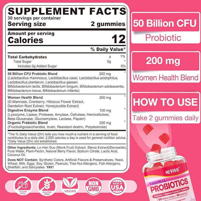 Vaginal Probiotics Gummies for Women PH Balance, Odor Control with Prebiotics, Cranberry, D-Mannose, Promotes Feminine Healthy Vaginal Flora, Urinary Tract, Yeast, Digestive Support, Sugar Free,60Cts