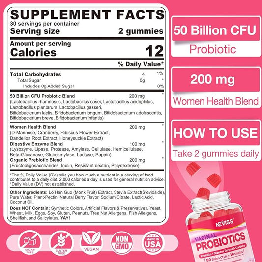 Vaginal Probiotics Gummies for Women PH Balance, Odor Control with Prebiotics, Cranberry, D-Mannose, Promotes Feminine Healthy Vaginal Flora, Urinary Tract, Yeast, Digestive Support, Sugar Free,60Cts