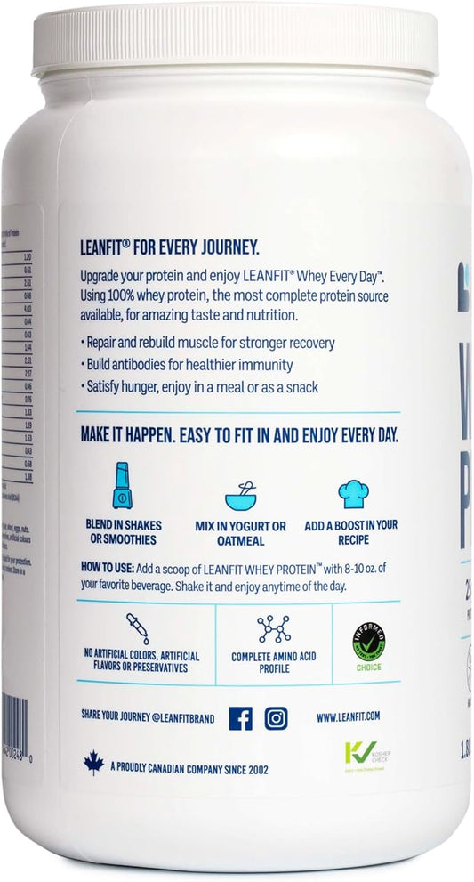LeanFit WHEY Protein Cookies & Cream - 100% Whey Protein Powder, 25g Protein Per Serving - Grass-Fed, Gluten-Free, BCAAs, Amino Acid - 26 Servings, 1.88 lb Tub