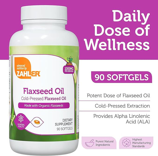 Zahler Organic Flaxseed Oil - 1000mg Softgels - Cold-Pressed Organic Flax Seed Oil - Organic Omega 3 ALA Supplement - Kosher Non-GMO Gluten Free Vegetarian-Friendly Flaxseed Supplement (90 Count)