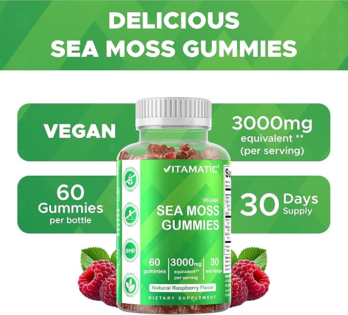 Vitamatic Irish Sea Moss Gummies – 3000mg Equivalent Per Serving (from Extract 132.5mg) – 60 Ct Made with Bladderwrack & Burdock Root – Seamoss Supplement for Thyroid, Energy & Immune Support