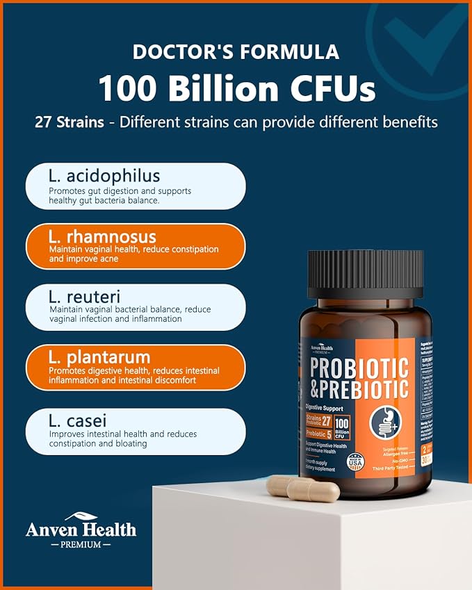 100 Billion Probiotics for Men and Women 27 Strains 5 Organic Prebiotics for Gut Digestive & Immune Health, Supports Diarrhea Gas Bloating, Non-GMO, Zero Fillers – Made in USA丨180 Caps