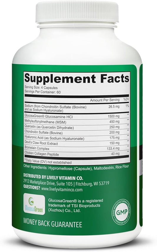 LIVELY VITAMIN CO. Joint Jive - Lubricate Joints (Knee, Ankle, Neck, Shoulder, Back) - Collagen - Glucosamine - MSM - Quercetin - Chondroitin - Devils Claw - Shellfish-Free Formula - 240 Count