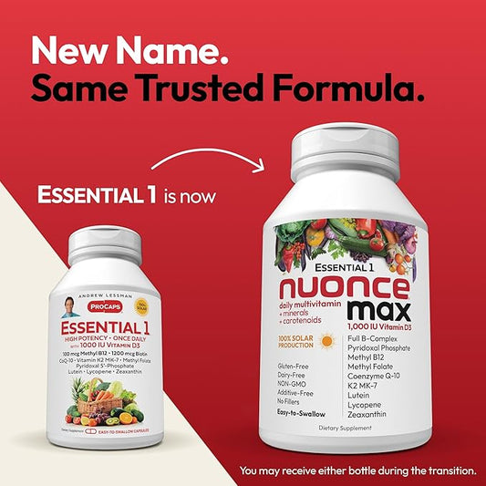ANDREW LESSMAN Essential-1 Multivitamin 1000 IU Vitamin D3 60 Small Capsules - 100 mcg Methyl B12. CoQ10 Lutein Lycopene Zeaxanthin. High Potency. No Additives. Ultra-Mild. One Daily Capsule