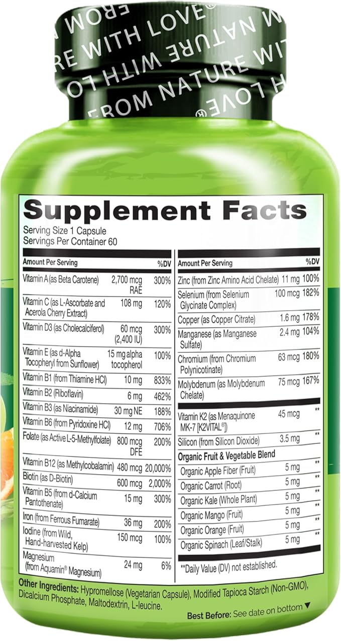 NATURELO Bariatric Multivitamin - One Daily with Iron - Supplement for Post Gastric Bypass Surgery Patients - Natural Whole Food Nutrition - 60 Veggie Capsules (Pack of 2)