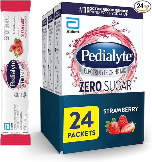Pedialyte Electrolyte Drink Mix with Zero Sugar | Hydration with Key Electrolytes | Great Hydration Low in Calories | Strawberry, 24 Powder Packets