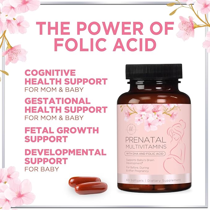 Prenatal Vitamins For Women With Folic Acid, DHA & Iron - Women's Prenatal Multivitamin, Essential Pre Natal Vitamins with Folate, Omega 3, D3, B12, Pregnancy Supplement for Mom & Baby - 60 Softgels