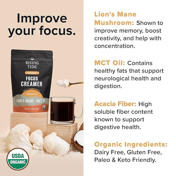 Rising Tide Organic Mushroom Superfood Creamer – Coconut Milk Powder, Lions Mane Mushrooms, MCT Oil - Non Dairy Cream Alternative for Coffee - Plant Based and Keto Friendly (38 Servings)