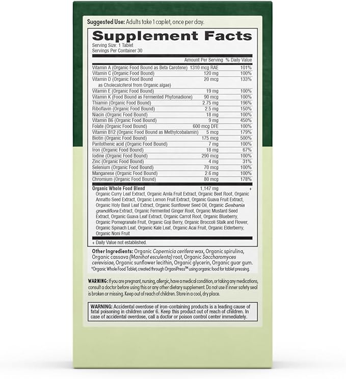 Prenatal Once Daily Multivitamin for Women for Conception, Pregnancy, Postpartum & Breastfeeding, Folate, Iron & Organic Whole Food Blend, Vegan, 30 Count