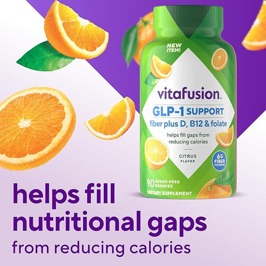 Vitafusion GLP-1 Support Fiber Plus Vitamins D, B12 and Folate Gummy Vitamins, Citrus Flavor, Sugar Free, 90 Count, 30 Day Supply