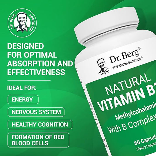 Dr. Berg Natural Vitamin B12 1000 mcg with B Complex Blend - Methylcobalamin B12 for Energy, Nerve Health, and Cognitive Function* - Methylated B12 with Folate - 60 Capsules (2-Month Supply)