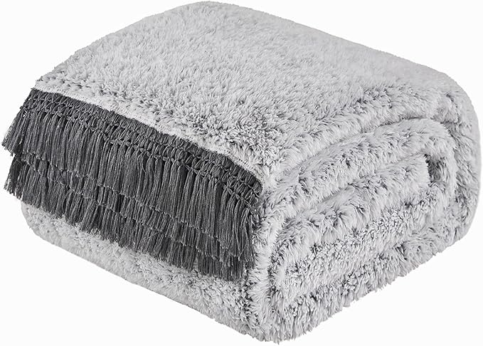 EMME Fuzzy Blanket Soft Fleece Throw Blankets for Women, Fluffy Sherpa Throws(Tassel Grey,90"x90")