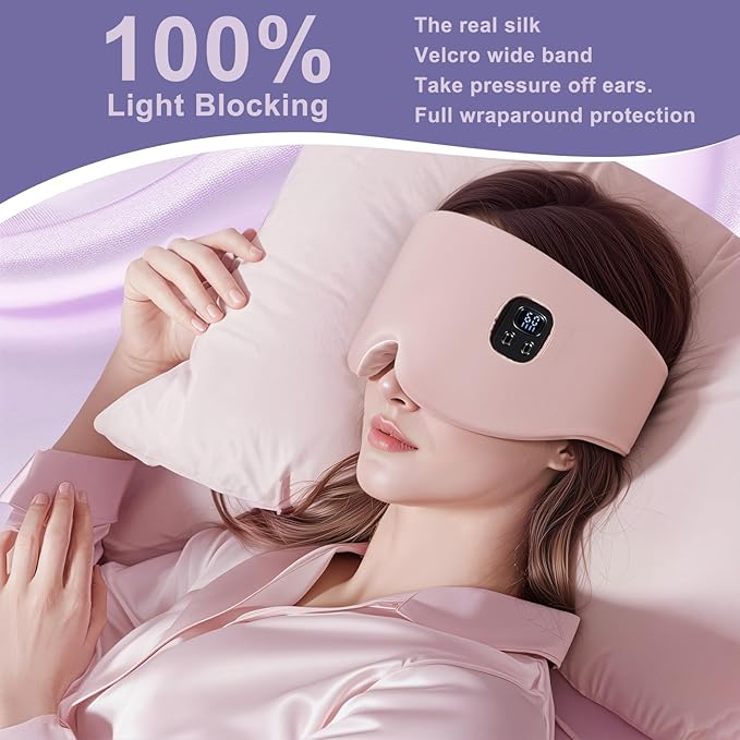 100% Mulberry Silk Heated Eye Mask, Cordless Heated Eye Masks for Dry Eyes, 4 Time Levels and 4 Temperature Settings, Visualized LED Screen, 1500mAh, Total Light Blocking