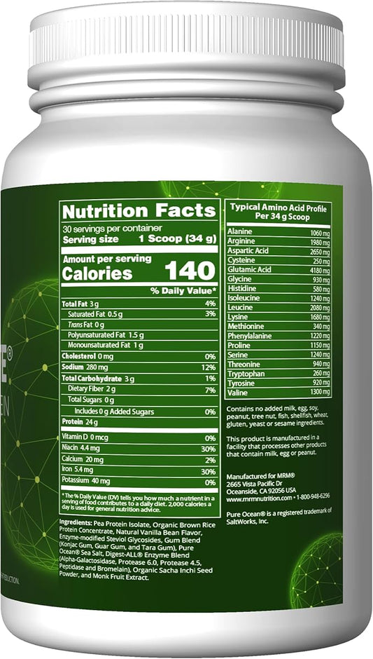 MRM Nutrition Veggie Elite Performance Protein | Vanilla Bean Flavored| Plant-Based Protein| Easy to Digest | with BCAAs| Vegan + Gluten-Free | Clinically Tested| Digestive enzymes | 30 Servings