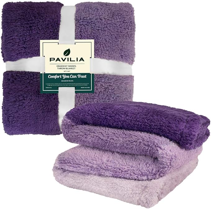 PAVILIA Fluffy Sherpa Throw Blanket Ombre | Gradient Plush, Soft, Fuzzy, Decorative Accent Throw Blanket for Couch Sofa Twin Bed | Cozy Warm Decorative Furry Faux Fur Blanket, 60x80 Inches Purple
