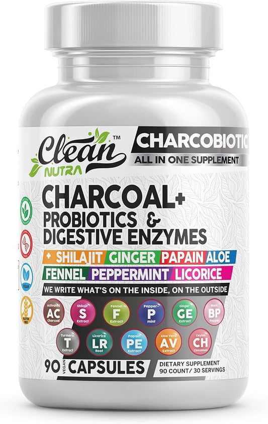 Clean Nutra Activated Charcoal Capsules Shilajit Pills Probiotic Digestive Enzymes for Digestive Health with Peppermint Fennel Licorice Papain Ginger Turmeric | Gut Health