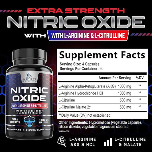 Nitric Oxide Booster Extra Strength 3000mg - L Arginine 3X Strength Nitric Oxide Supplements for Men and Women, Citrulline, Supports Muscle, Heart Health & Energy Supplement, Non-GMO - 240 Capsules