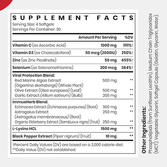 Liposomal Immune Support Supplement for Adults, Complex with L-Lysine 1,500mg, Vitamins, Minerals & Herbal Extracts, Comprehensive Daily Wellness Blend for Men & Women - 240 Capsules
