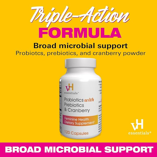 vH essentials Probiotics for Women with Prebiotics, Cranberry & Vitamin C - 120 Capsules (60 Day Supply) -Probiotics Support Gut Balance, Health & Urinary Tract Health for Women