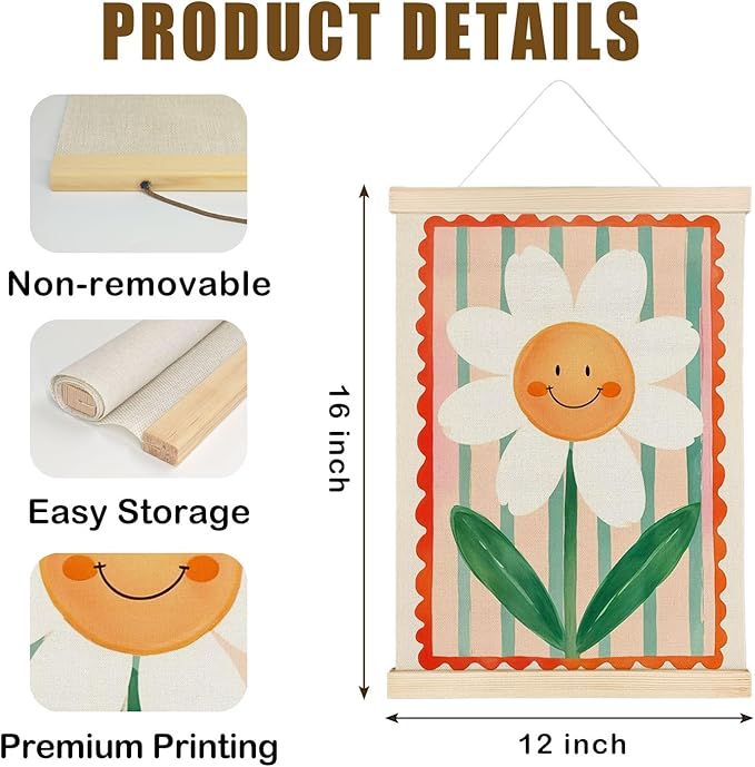 Nrleey Boho Nursery Wall Decor - Smiley Flower Wall Art With Wooden Poster Hanger, Boho Nursery Decor, Boho Floral Poster Wall Decor for Nursery Bedroom Room Classroom, 12x16 Inch