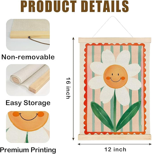 Nrleey Boho Nursery Wall Decor - Smiley Flower Wall Art With Wooden Poster Hanger, Boho Nursery Decor, Boho Floral Poster Wall Decor for Nursery Bedroom Room Classroom, 12x16 Inch