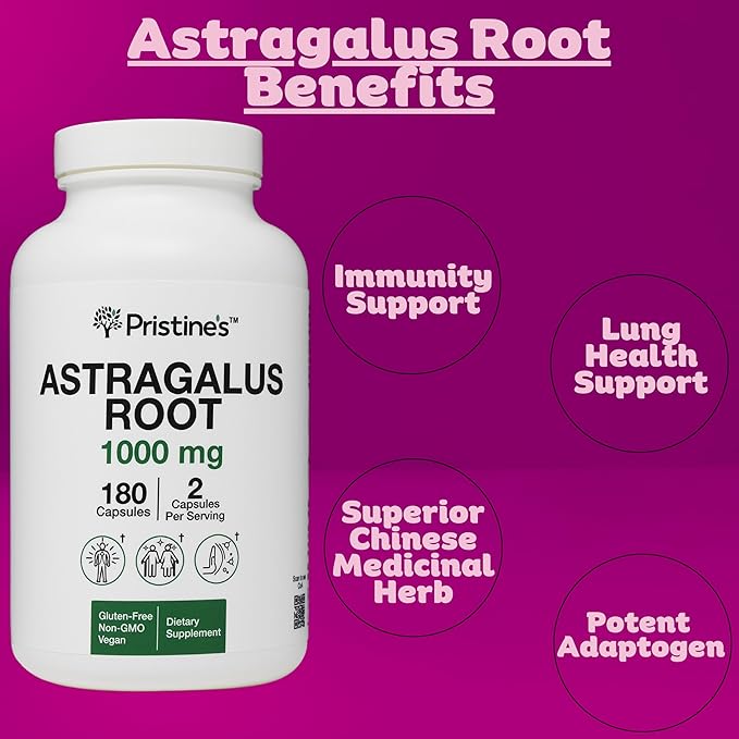 PRISTINE'S Astragalus Root Immune Support Supplement Capsules -1000mg 90 Day Supply Herbal Adaptogen - Healthy Aging, Heart & Lung Health