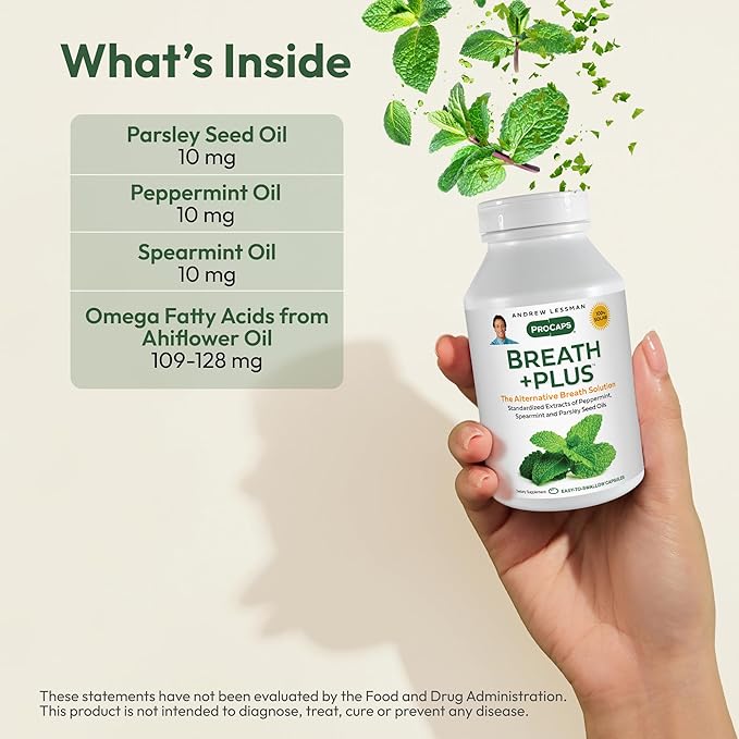 ANDREW LESSMAN Breath Plus 180 Softgels - Natural Breath Freshener, Helps Eliminate Odors from Food, Smoking, Morning Breath from The Inside Out. Peppermint, Spearmint. Easy to Swallow Softgels