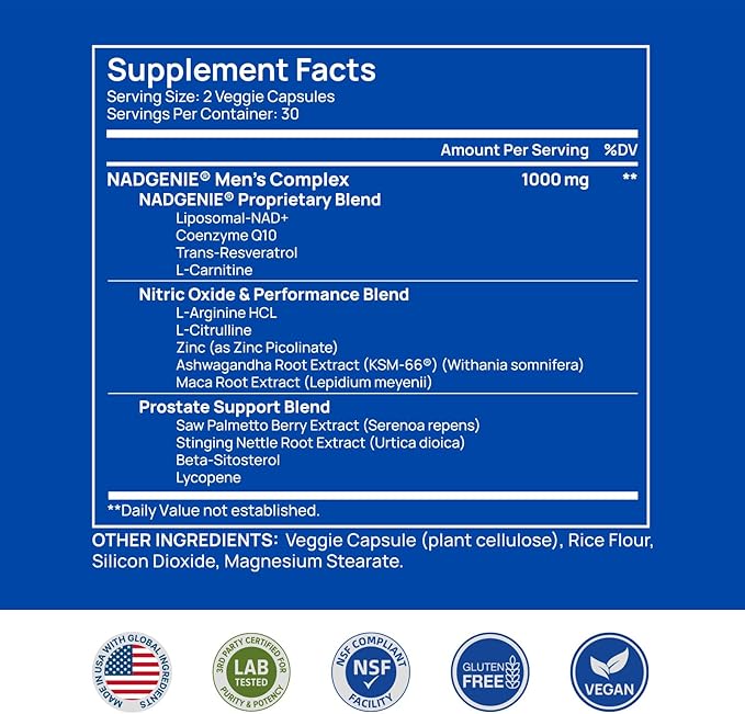 NAD+ Supplements for Men – Nitric Oxide Prostate Health Supplements for Men with Resveratrol, CoQ10, L Citrulline and Maca Root for Anti-Aging, Antioxidant & Cellular Energy Support 60 Capsules