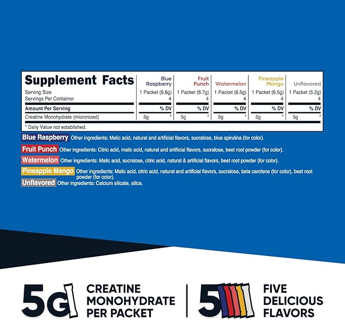 Nutricost Creatine Monohydrate Powder Variety Stickpacks (5 Flavors, 20 Servings) - Micronized, 5 Grams of Creatine Monohydrate Per Pack