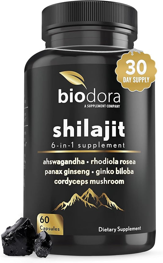 6-in-1 Shilajit Supplement 300mg, Mood and Energy Support Supplement with 60mg Pure Ashwagandha, Rhodiola Rosea Panax Ginseng for Immune Support, Memory and Focus, 85+ Trace Minerals, 60 Capsules