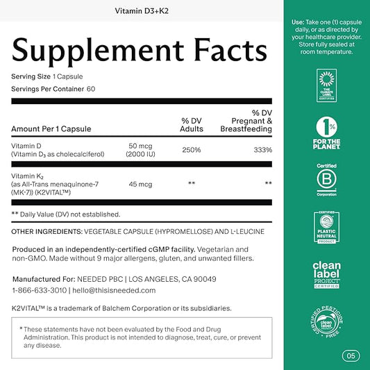 Needed. Expertly-Formulated Prenatal Vitamin D3/K2 | for Fertility, Pregnancy Breastfeeding, and Postpartum, Healthy Immunity and Bone Development, Supports Breast Milk Vitamin D Levels | 60 Capsules