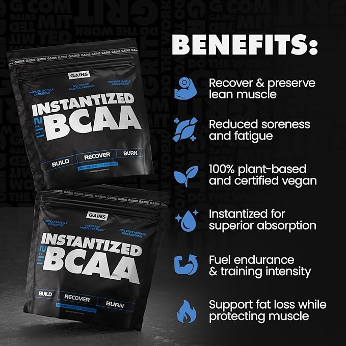 Gains in Bulk BCAA Powder, Pre Workout Plant Based Branch Chain Amino Acids, Gluten Free, Vegan Supplement with Keratin for Endurance & Strength During & Post Workout, Unflavored, 90 Servings
