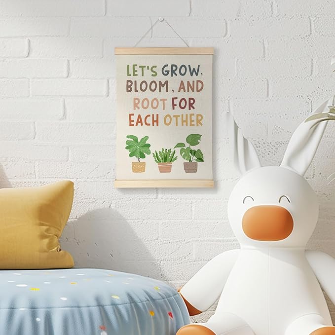 Nrleey Positive Affirmations Wall Decor with Wooden Poster Hanger - Boho Classroom Decor, Lets Grow Bloom Motivational Wall Art Posters for Classroom Playroom Homeschool, 12x16 Inch