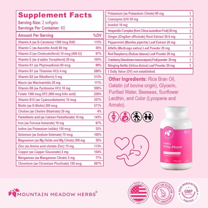 Mountain Meadow Herbs Vita-MOM Prenatal Vitamins – Herbal Supplement for Women with Folic Acid, Iron, Multivitamins & Organic Herbs – 120 Softgels (2-Month Supply)