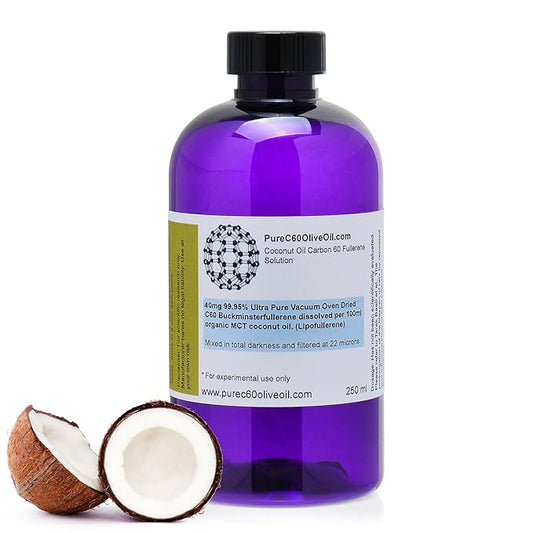 PureC60OliveOil C60 Organic MCT Coconut Oil 250ml / 8.5 Fl Oz - 99.95% Carbon 60 Solvent Free 100mg - Food Grade - Carbon 60 Coconut Oil - From The Leading Global Producer