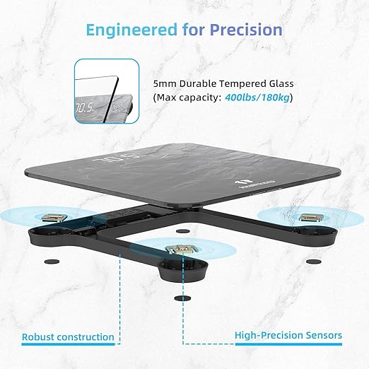 Digital Bathroom Scale, High Precision, with Step-On Technology, LED Display, Slim Design, Max. 180 kg/400 lb, Marbled Gray