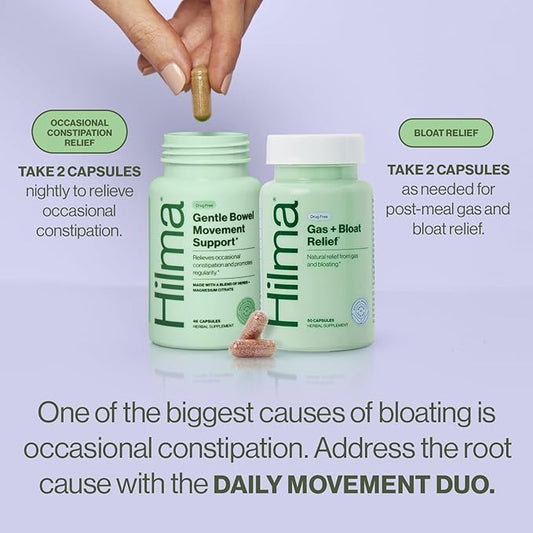 Hilma Daily Movement Duo for Constipation & Bloating Relief for Women, Gas Plus Bloat Relief (50 Vegan Capsules) w/Lemon & Peppermint, Gentle Bowel Movement (46 Vegan Capsules) w/Magnesium & Ginger