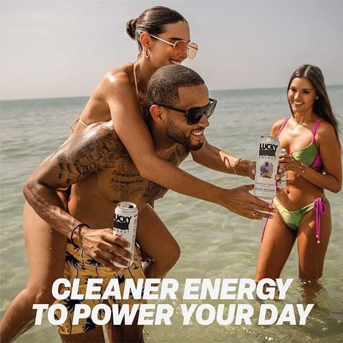 Lucky Energy Sugar Free Energy Drinks 19.2 Fl Oz Cans (Pack of 12) Healthy Energy Drink. Tropical Thrill with Maca, Ginseng, Taurine, Beta-Alanine, 200mg Caffeine (Packaging May Vary)