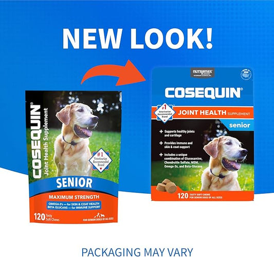 Nutramax Cosequin for Senior Dogs Joint Health Supplement, Contains Glucosamine, Chondroitin, MSM, Omega-3s and Beta-Glucan, Supports Joint, Skin and Coat, Immune Health, Soft Chews, 120 Count
