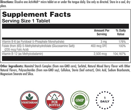 KAL Vitamin B-6 B-12 Methyl Folate ActivMelt, Vitamin B Supplement, Heart Health, Energy and Red Blood Cell Support with Methyl B12 and DFE Folic Acid, Natural Berry Flavor, 60 Servings, 60 Micro Tabs